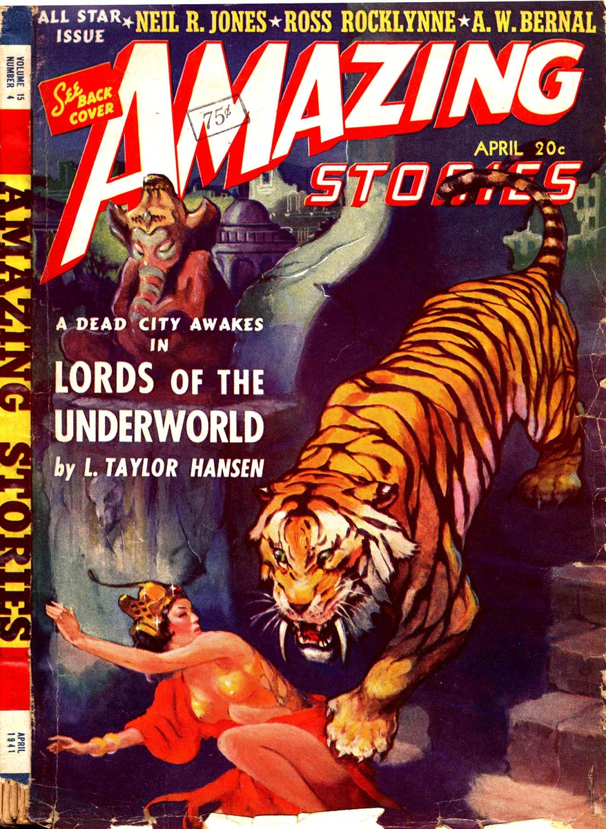 Lords of the Underworld: Saber-Tooth Tiger Menaces Woman, Amazing Stories April 1941