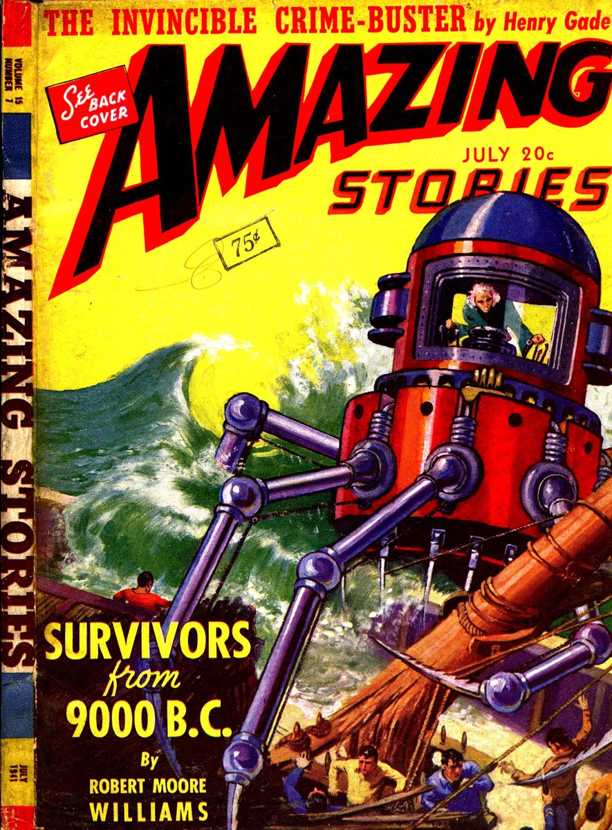 Giant Mech Walker Battles Flood — Amazing Stories July 1941