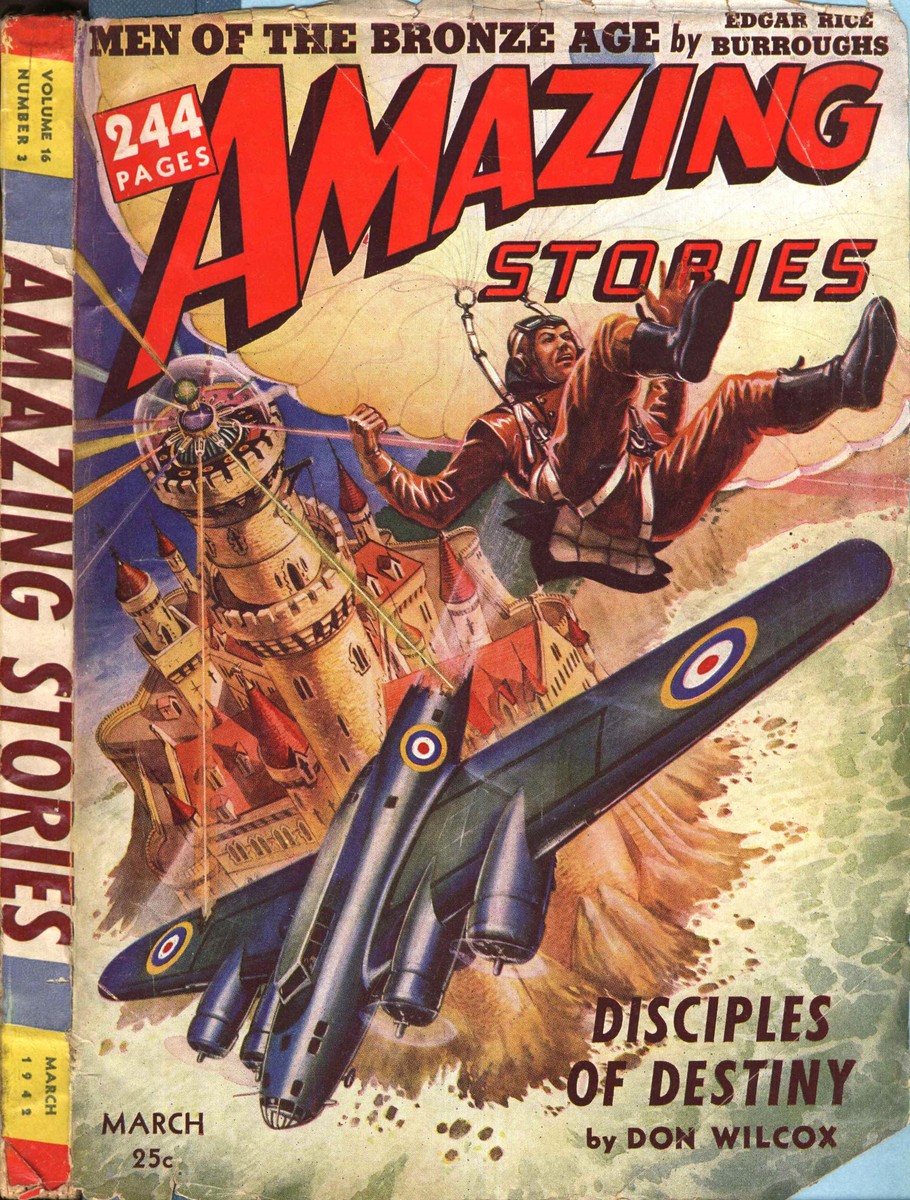 Amazing Stories March 1942 – RAF Bomber & Parachutist Over Fantasy Castle