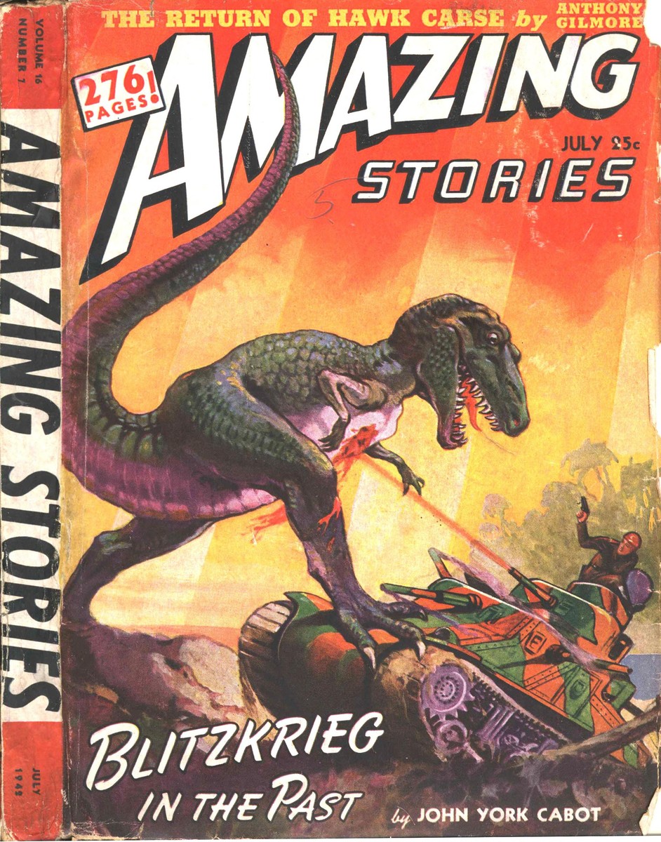 Dinosaur vs. Tank: Amazing Stories 'Blitzkrieg in the Past' Cover, July 1942