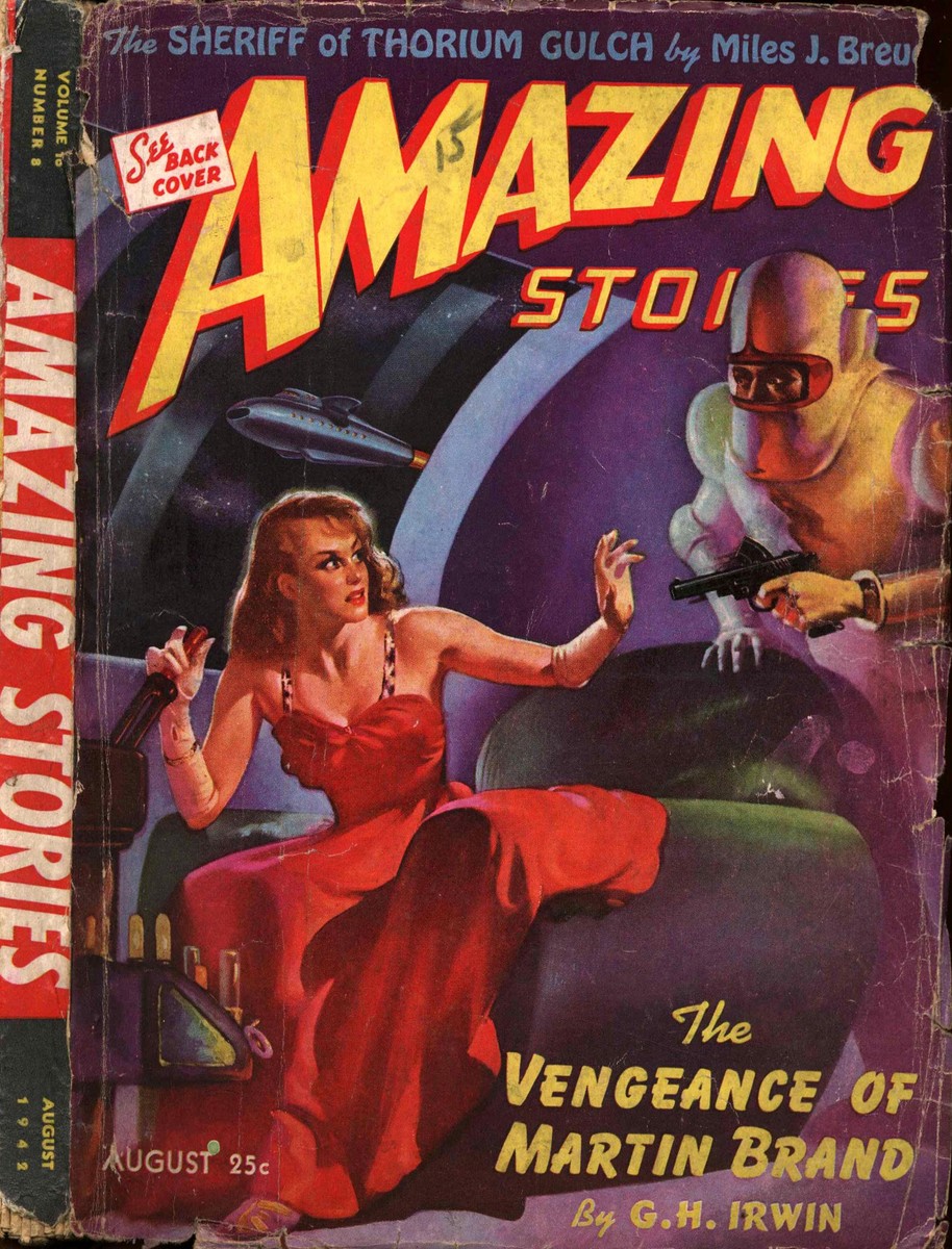 Amazing Stories August 1942 – Woman in Red Confronts Space-Suited Gunman