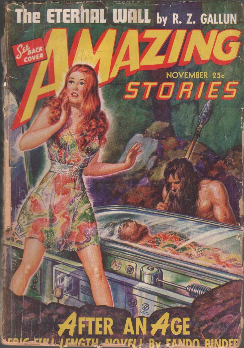 Amazing Stories Nov 1942 — Caveman Discovers Suspended Animation Pod