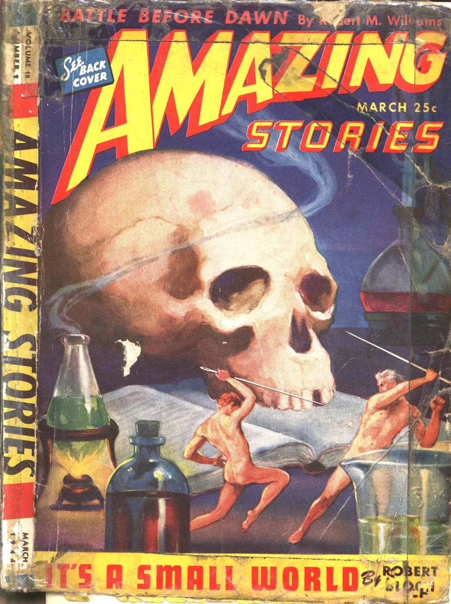 Tiny Warriors Fight Amid Skull & Lab Glass, Amazing Stories March 1944