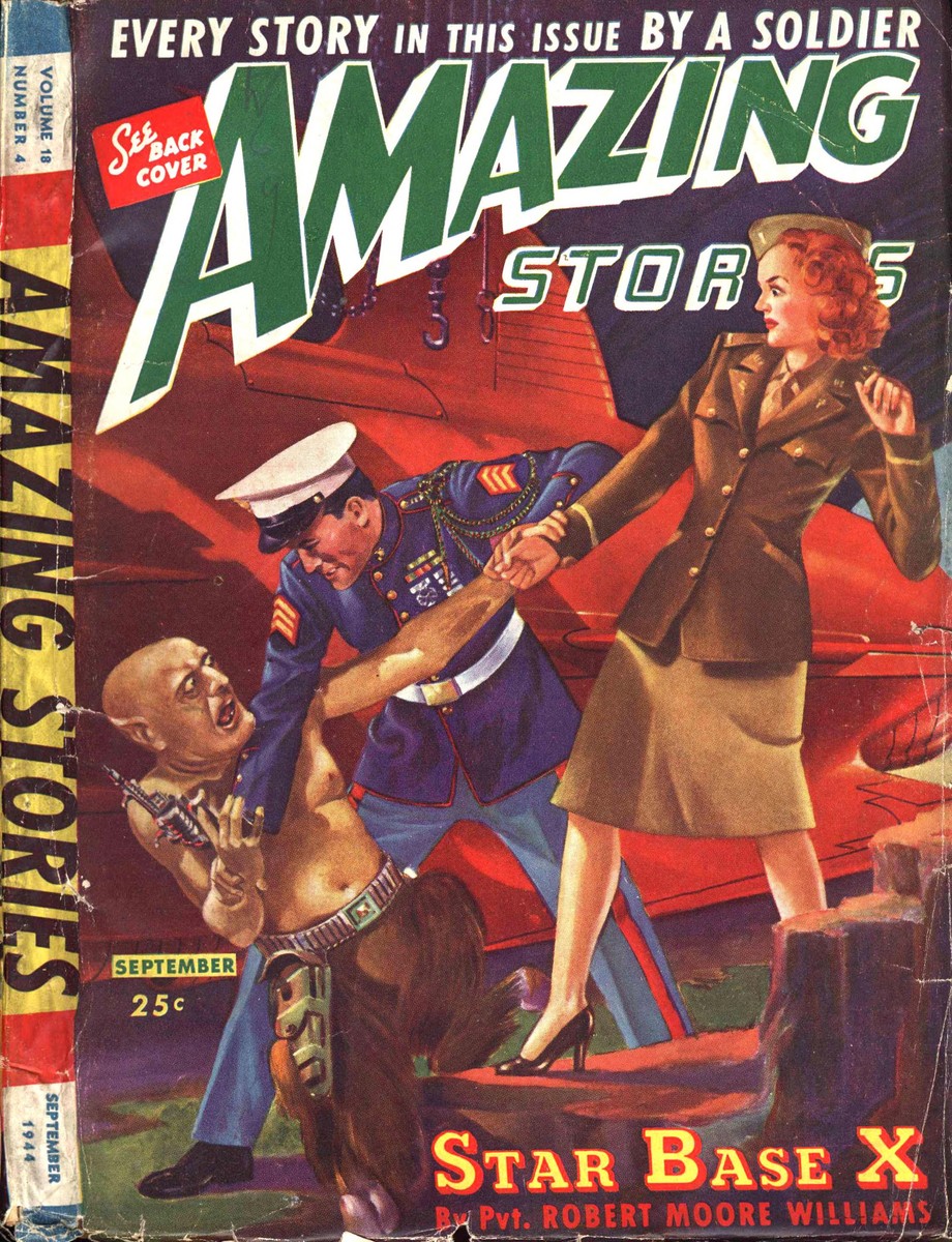 Amazing Stories Sept 1944 – Soldier vs. Alien, 'Star Base X' Cover