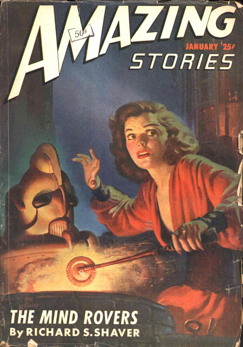 Amazing Stories Jan 1947 – Woman Confronts Robot, 'The Mind Rovers'