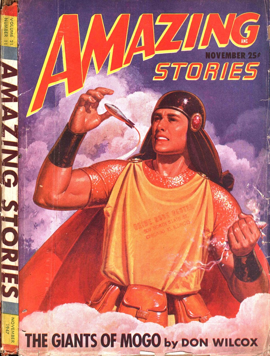 Amazing Stories Nov 1947 – Giants of Mogo Hero Hurls Flying Saucer