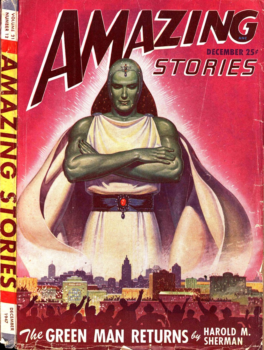 Green Man Returns — Amazing Stories December 1947 Giant Alien Cover