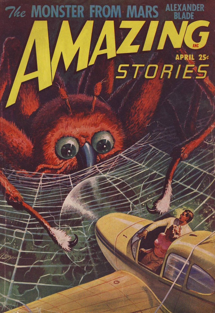 Giant Martian Spider Traps Airplane, Amazing Stories April 1948