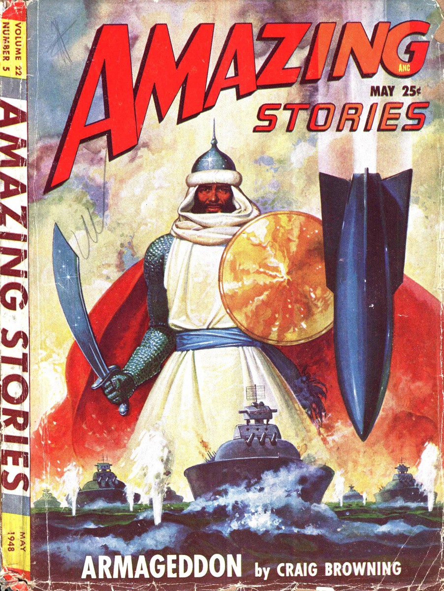 Armageddon: Giant Arab Warrior Looms Over Naval Battle, Amazing Stories May 1948