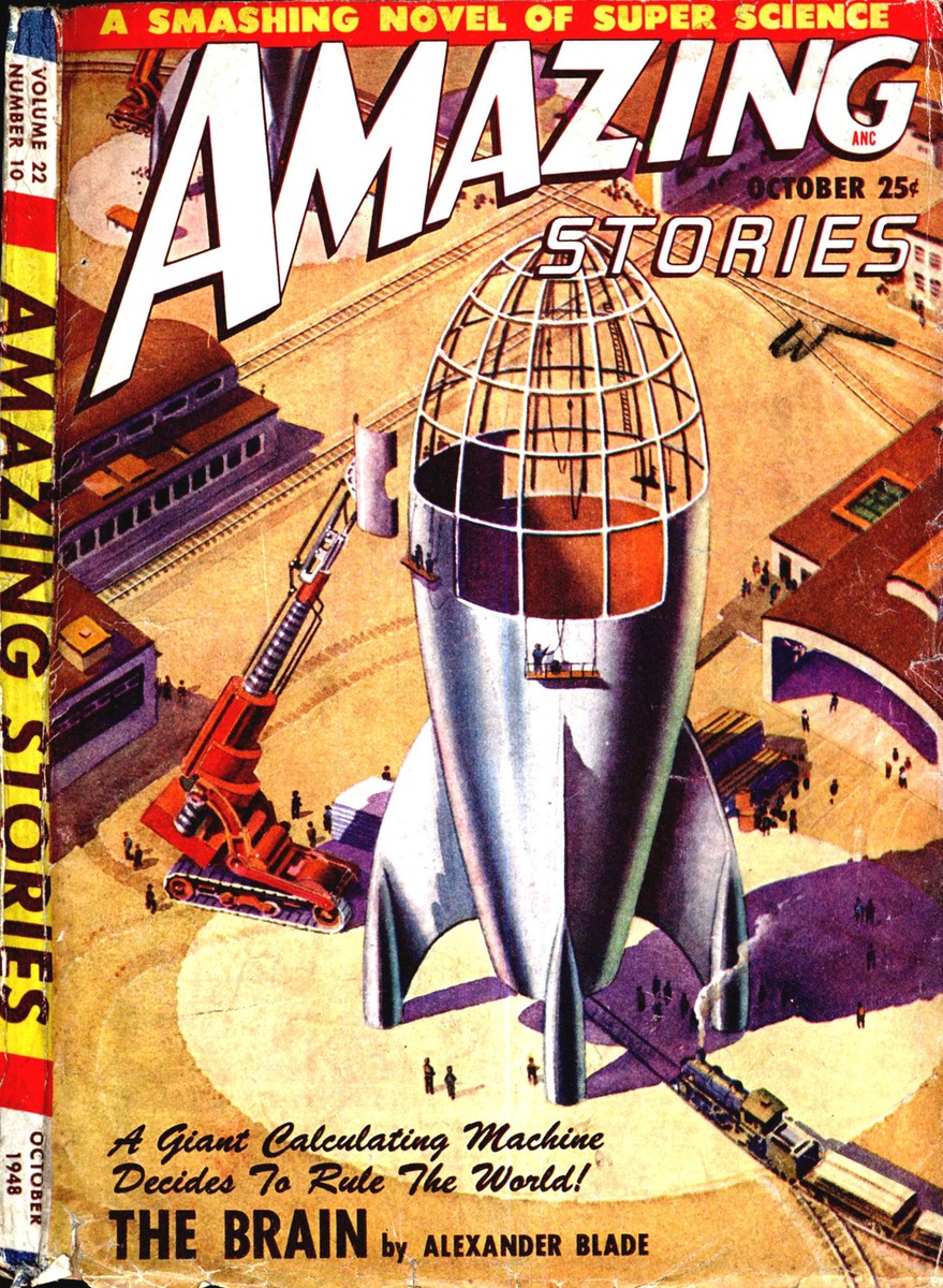 Giant Rocket Under Construction, Amazing Stories October 1948 Cover