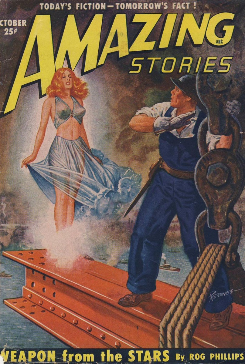 Amazing Stories Oct 1950 – Phantom Woman Apparition on Ship Deck