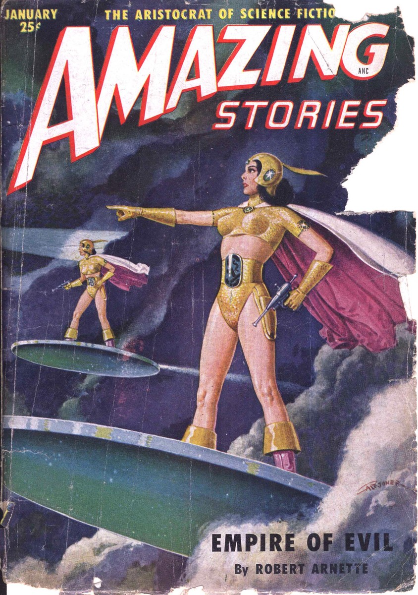 Golden Warrior Women on Flying Saucer, Amazing Stories January 1951