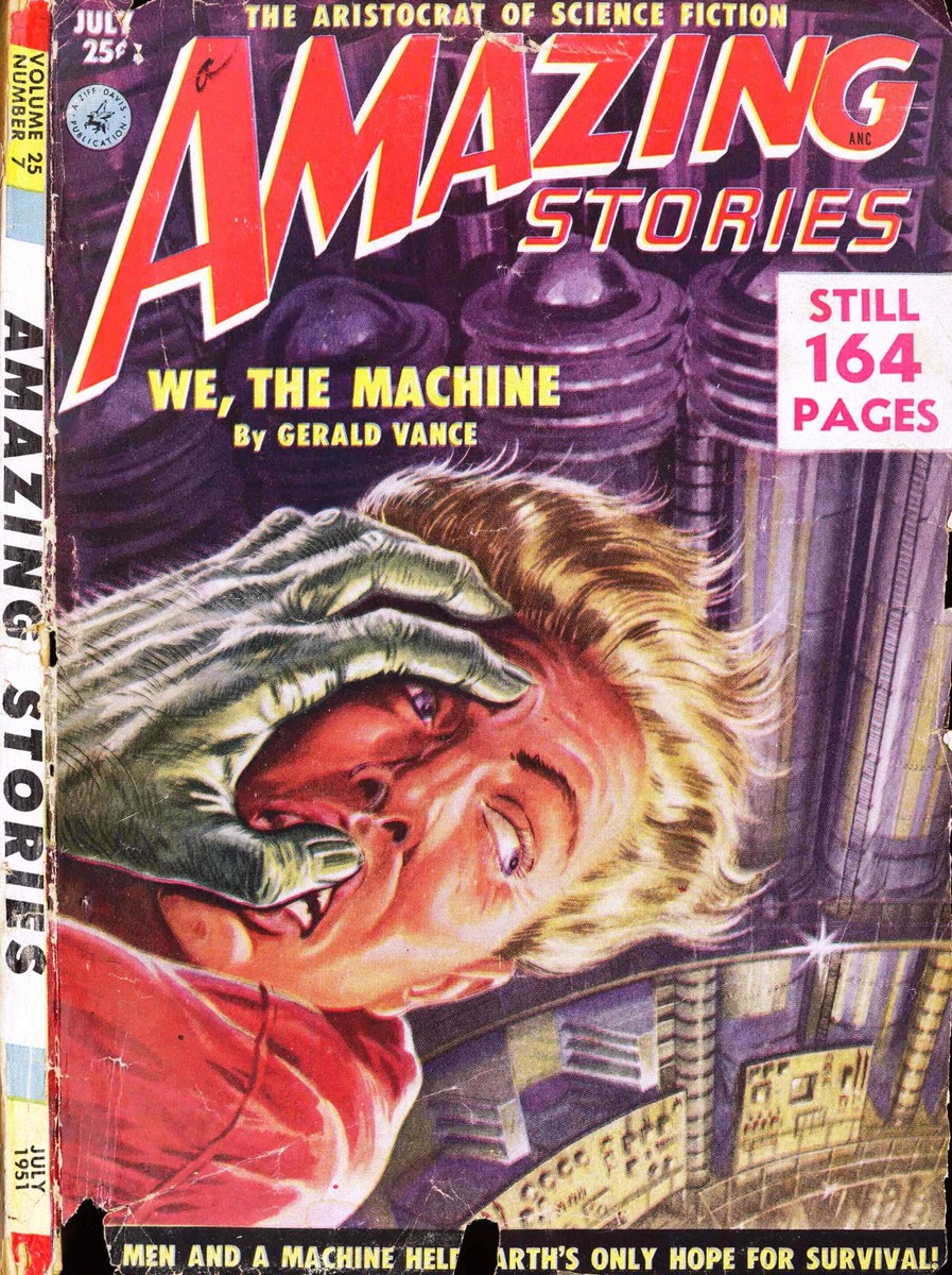 Giant Mechanical Hand Crushes Man — Amazing Stories July 1951 Cover