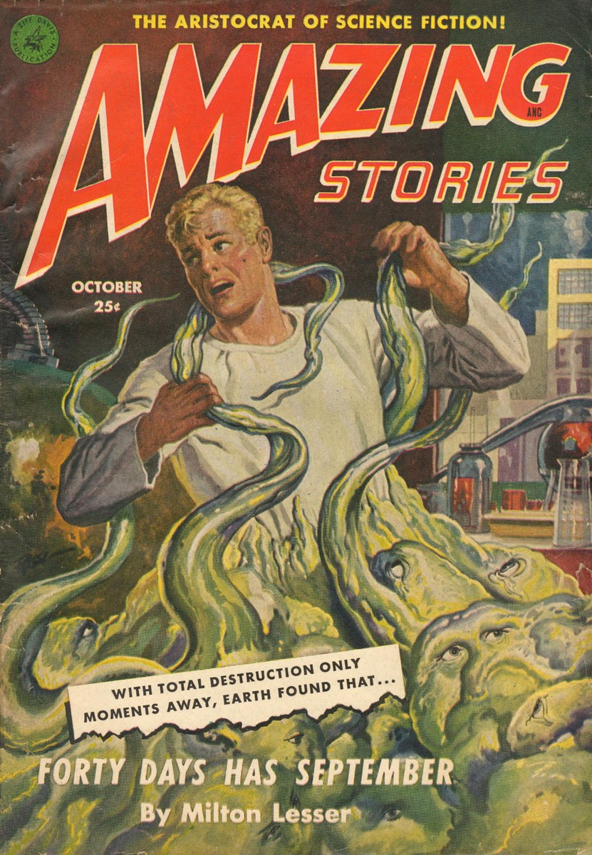 Tentacled Alien Mass Engulfs Scientist, Amazing Stories October 1951