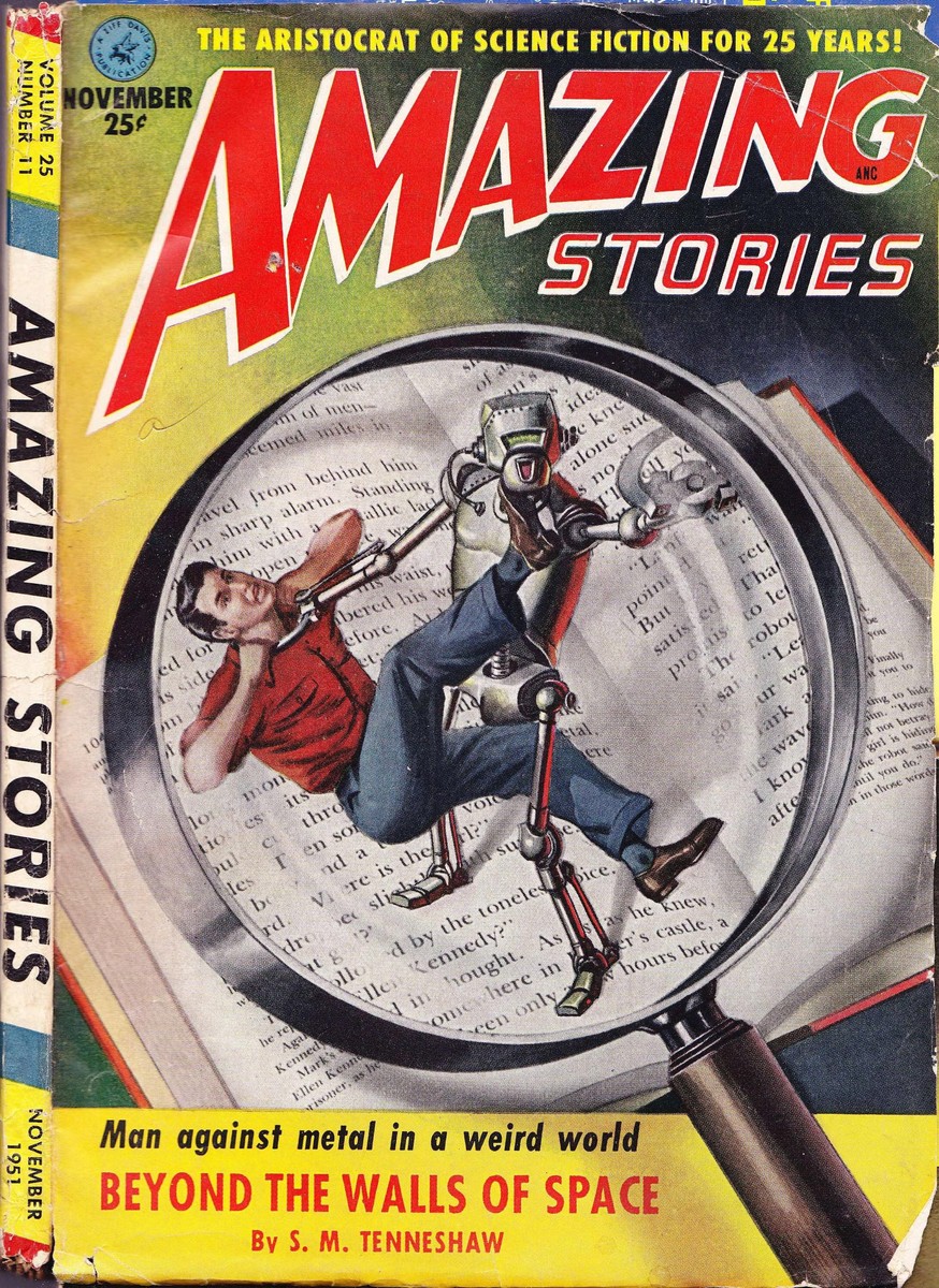 Robot vs. Man Inside a Magnifying Glass, Amazing Stories November 1951