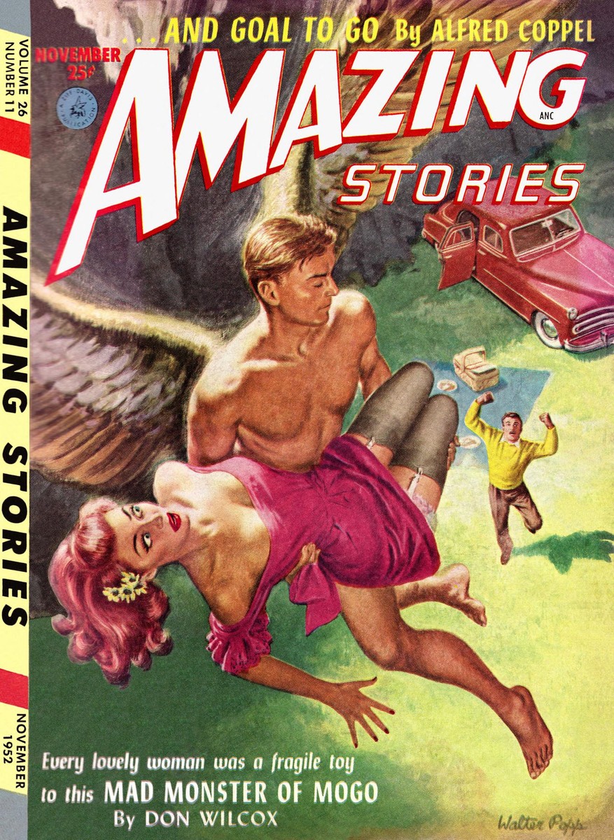 Winged Man Abducts Woman: Amazing Stories 'Mad Monster of Mogo' Cover, Nov 1952