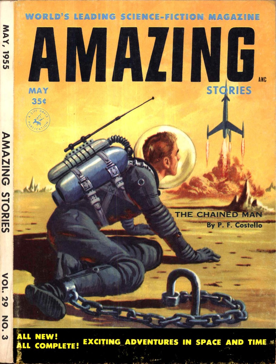 Chained Astronaut Watches Rocket Launch, Amazing Stories May 1955