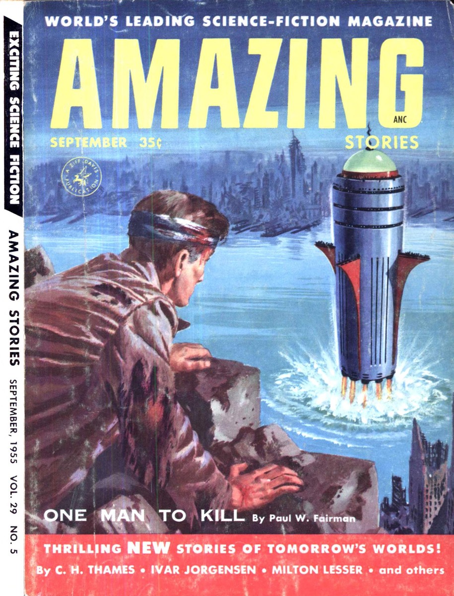 Rocket Launch Over Ruined City, Amazing Stories September 1955