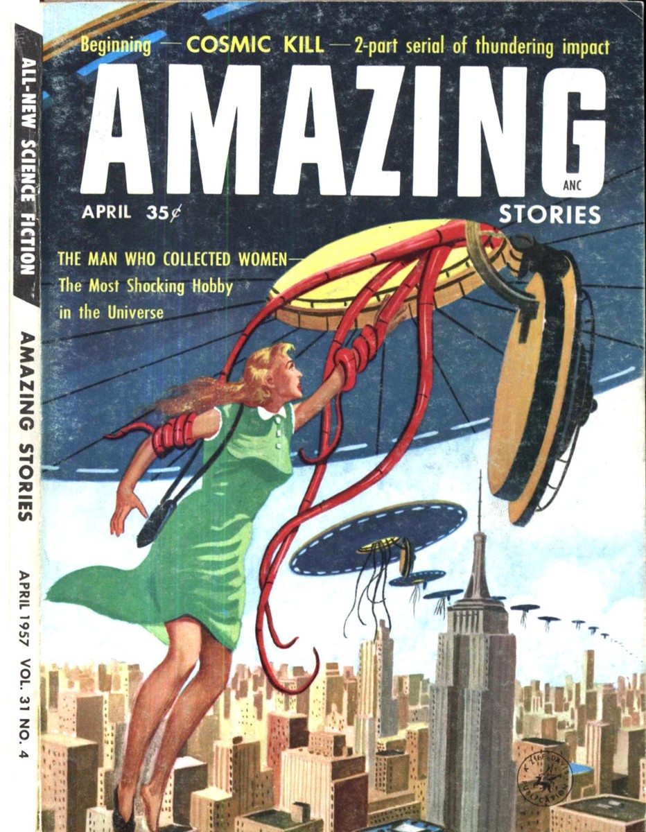 Alien Abduction Over NYC, Amazing Stories April 1957 Vol.31 No.4