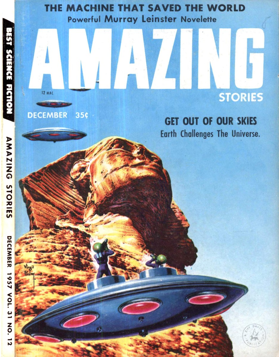 Virgil Finlay's Flying Saucers at the Sphinx – Amazing Stories Dec 1957