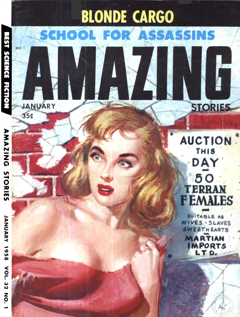 Amazing Stories Jan 1958 – Martian Slave Auction 'Blonde Cargo' Cover