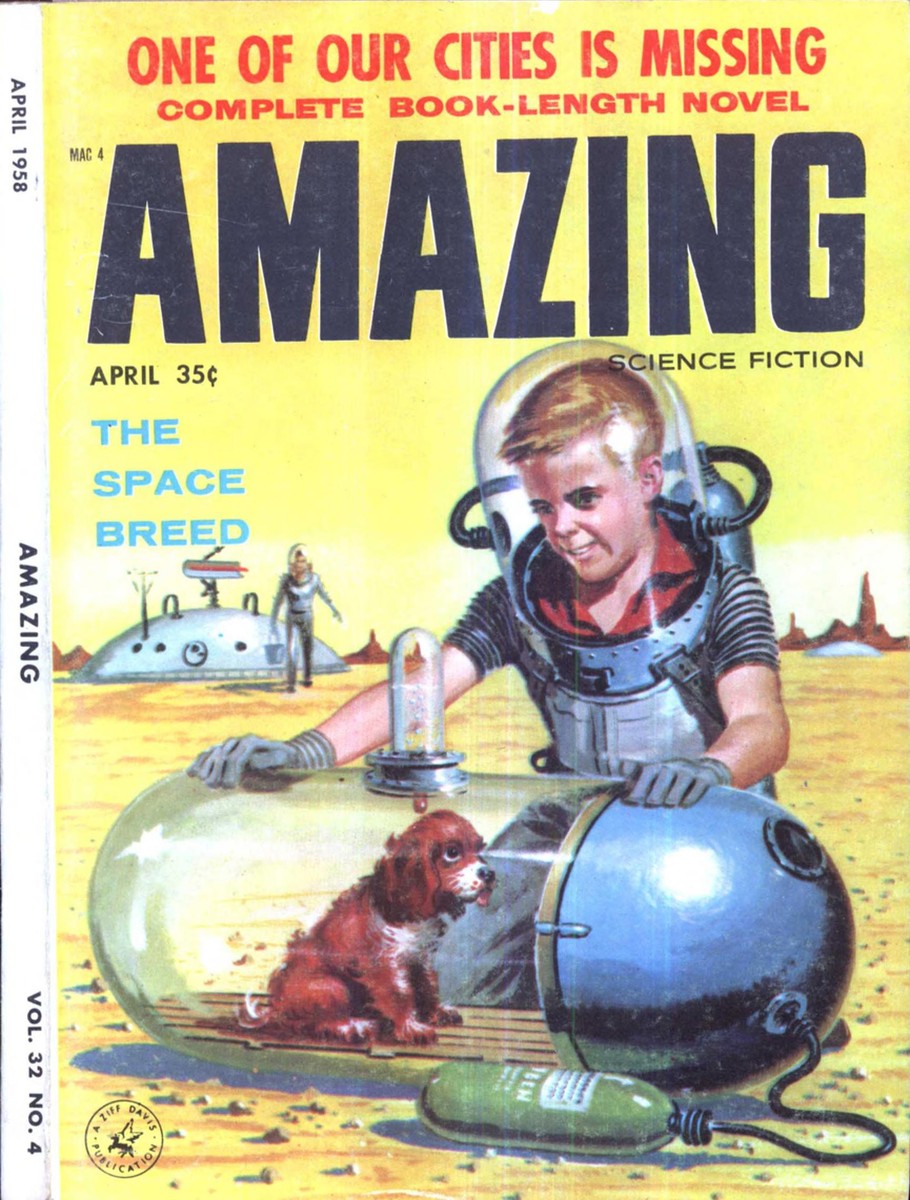 Boy Astronaut & Space Dog, Amazing Science Fiction April 1958 Cover
