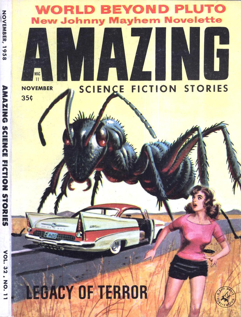 Giant Mutant Ant Attacks Woman & Car — Amazing Science Fiction Stories, Nov. 1958