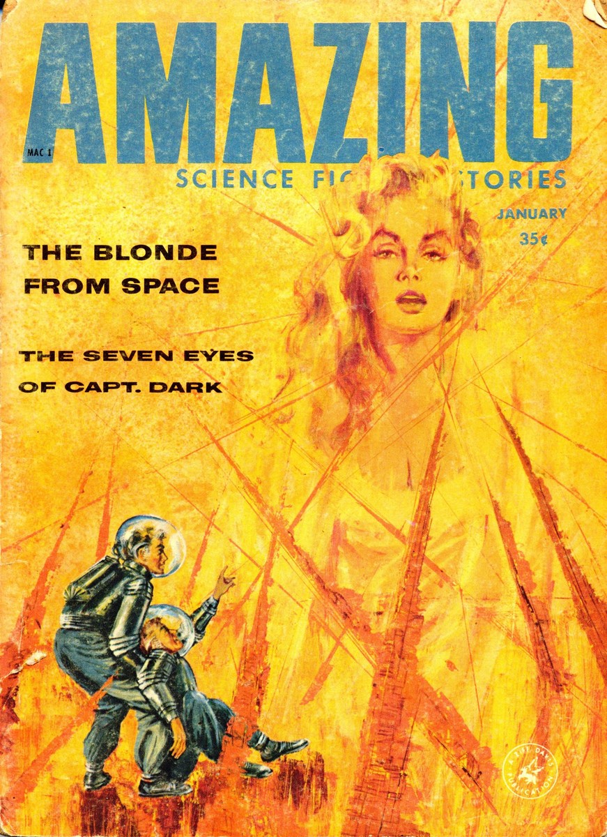 Blonde Space Goddess Looms Over Astronauts, Amazing Stories Jan 1959