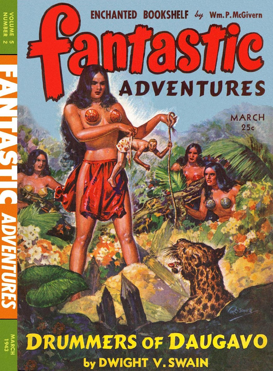 Giant Amazon Warriors Hold Tiny Man, Fantastic Adventures March 1943