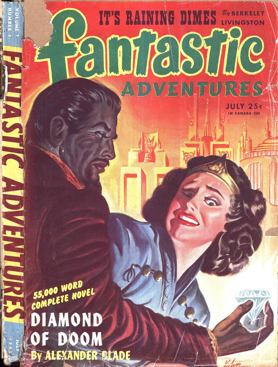 Diamond of Doom — Fantastic Adventures July 1945 Villain & Captive Cover