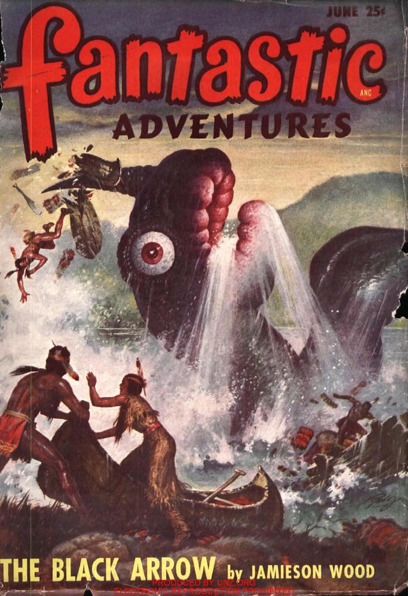 Giant Cyclops Sea Monster Attacks Native Canoe — Fantastic Adventures June 1948