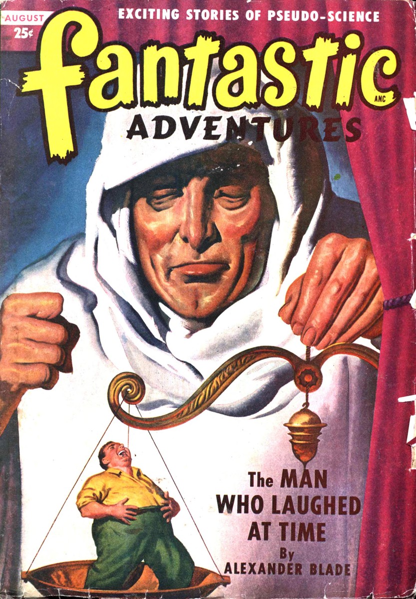 Giant Robed Figure Weighs Tiny Man on Scales, Fantastic Adventures Aug 1949