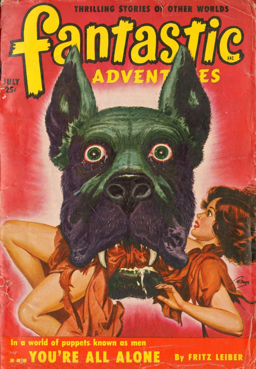 Giant Mutant Dog Menaces Woman – Fantastic Adventures July 1950 Fritz Leiber