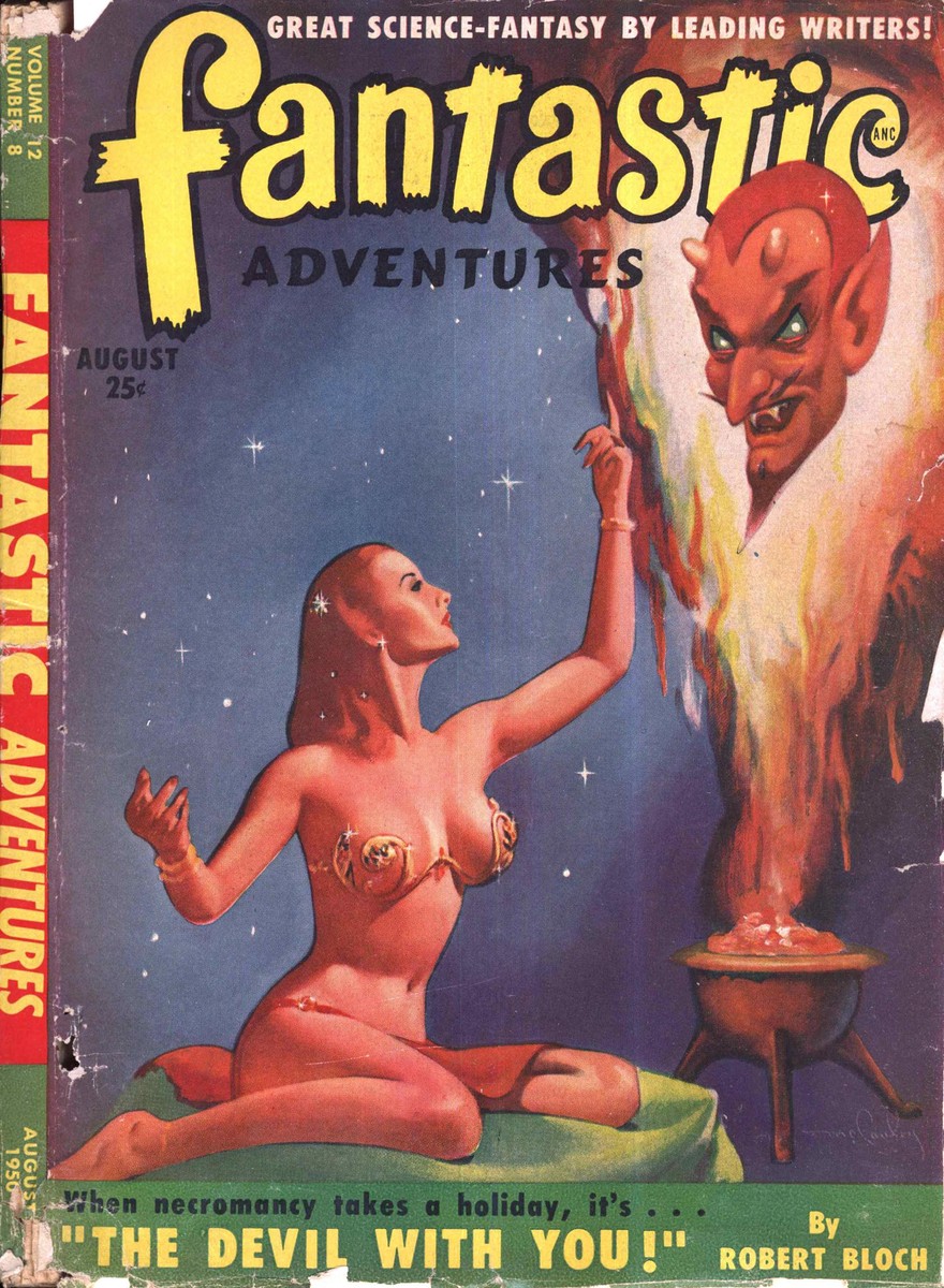 Devil in the Flames: Fantastic Adventures August 1950 Robert Bloch Cover