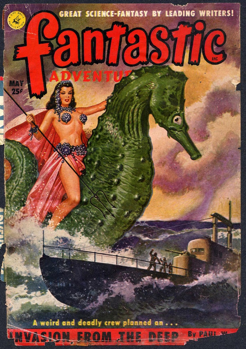 Sea Queen Rides Giant Seahorse — Fantastic Adventures May 1951