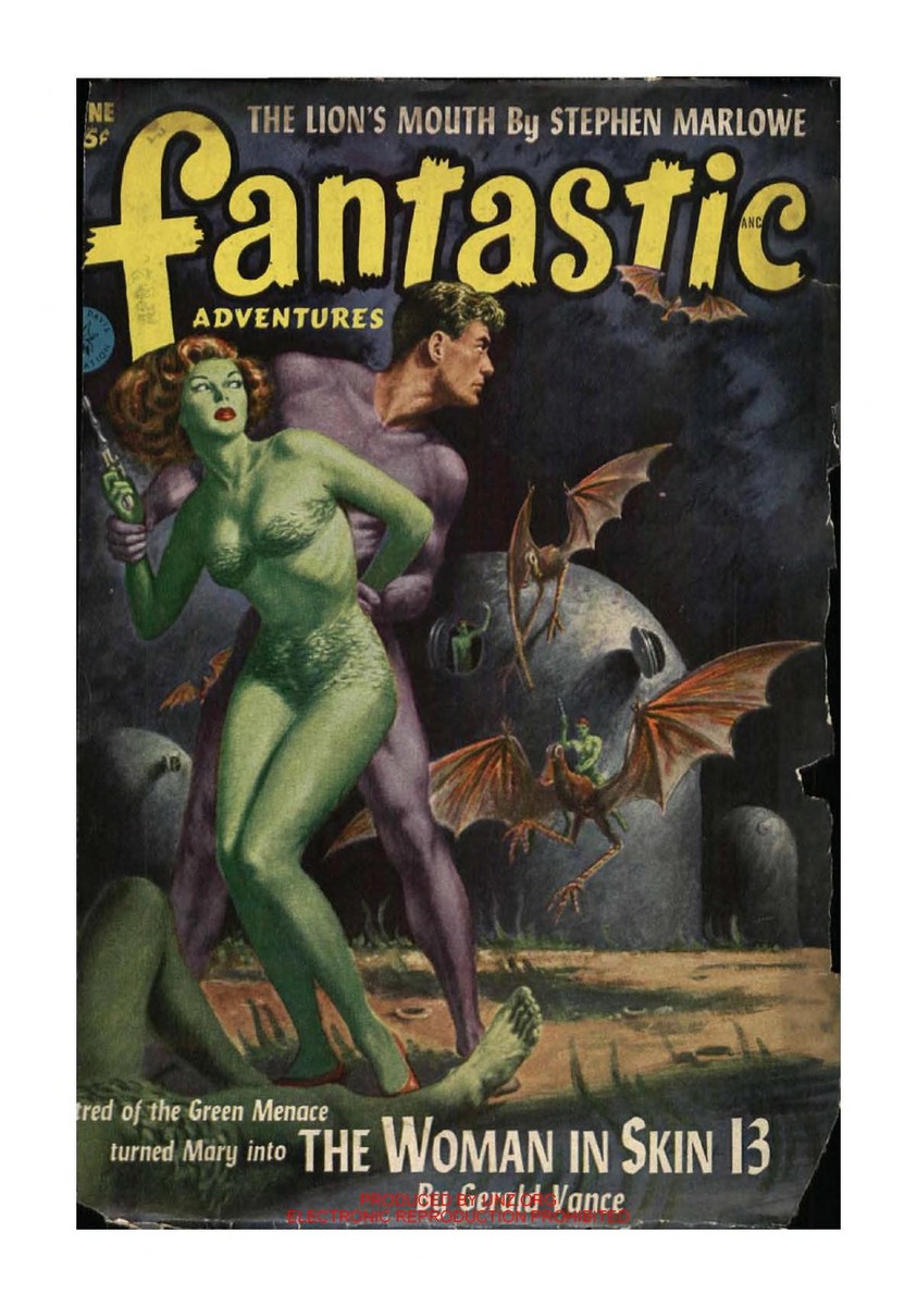 Green Alien Woman & Bat Creatures — Fantastic Adventures June 1952