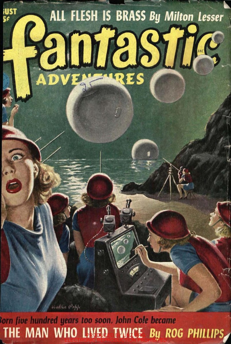 Walter Popp's Floating Spheres Beach Scene, Fantastic Adventures Aug 1952