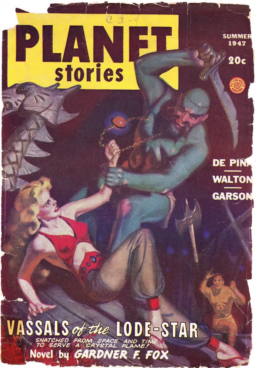 Planet Stories Summer 1947 — Green Alien Brute Seizes Woman, Vassals of the Lode-Star