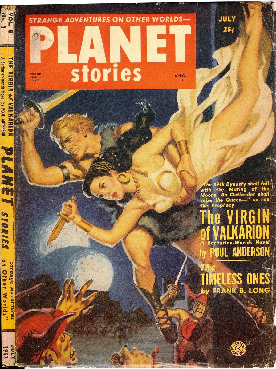 Planet Stories July 1951 — Virgin of Valkarion, Poul Anderson Barbarian Cover