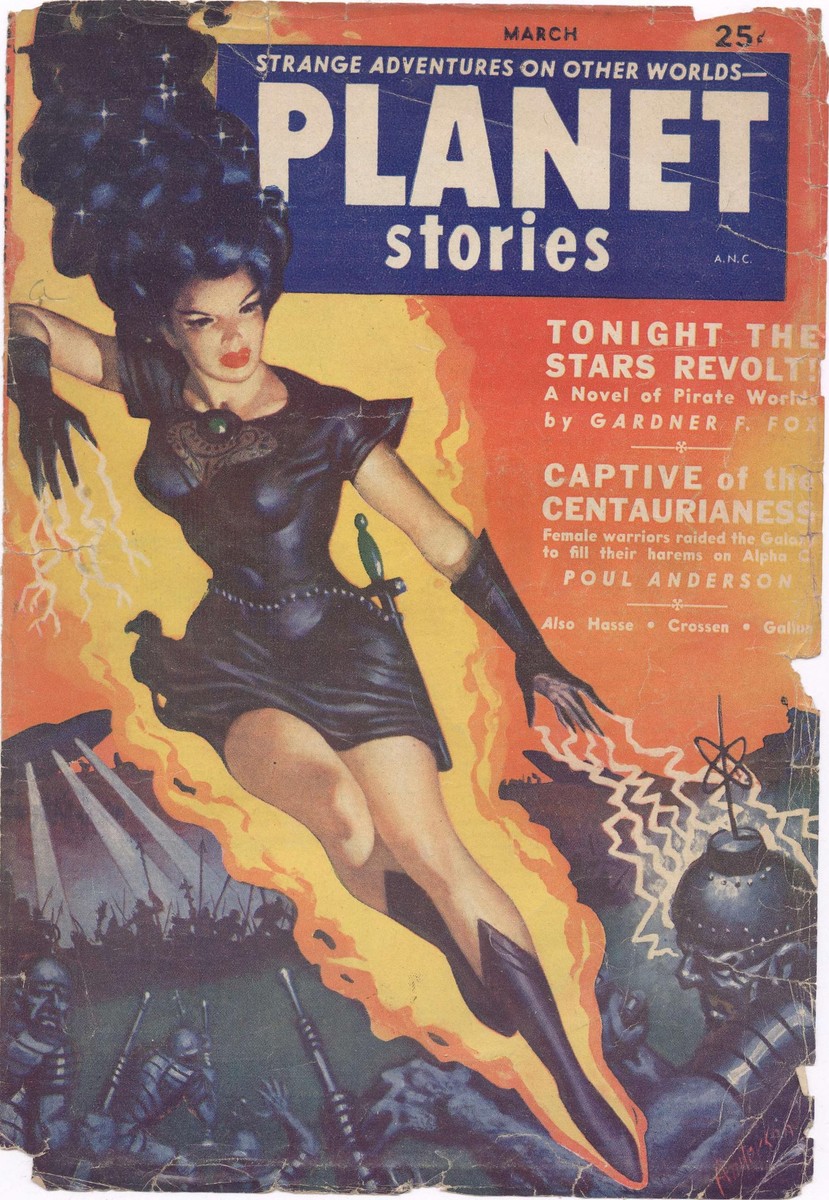 Planet Stories March 1952 — Dark-Clad Space Sorceress Amid Battle