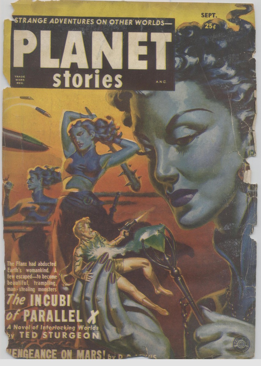 Planet Stories Sept 1951 – Ted Sturgeon's 'Incubi of Parallel X' Blue Alien Women Cover