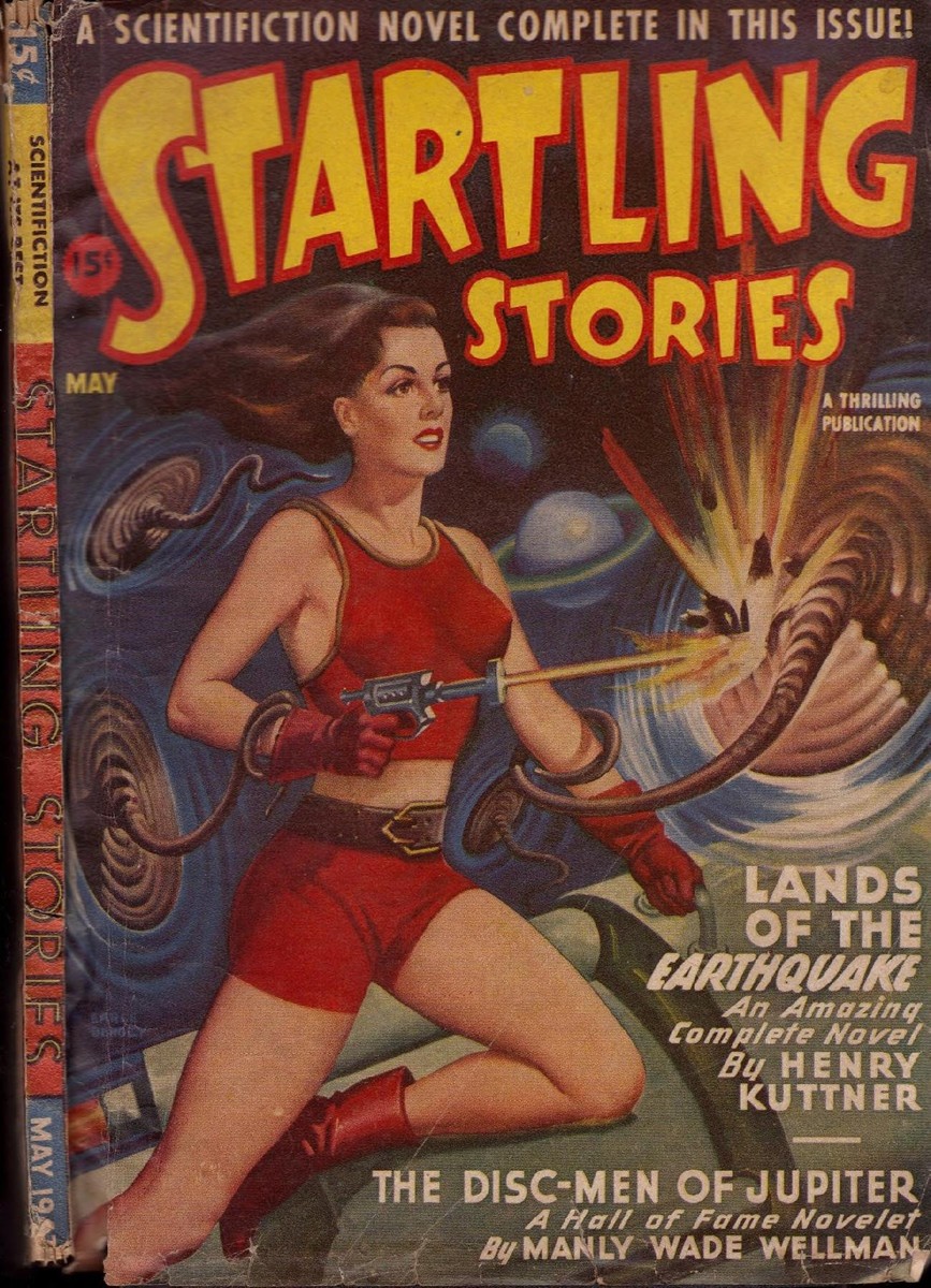 Startling Stories May 1947 — Space Heroine Battles Serpent Creature with Ray Gun