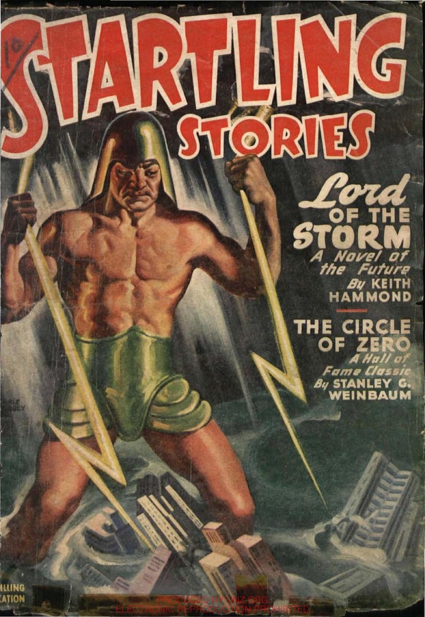 Startling Stories Sept 1947 — Lord of the Storm Giant Wielding Lightning