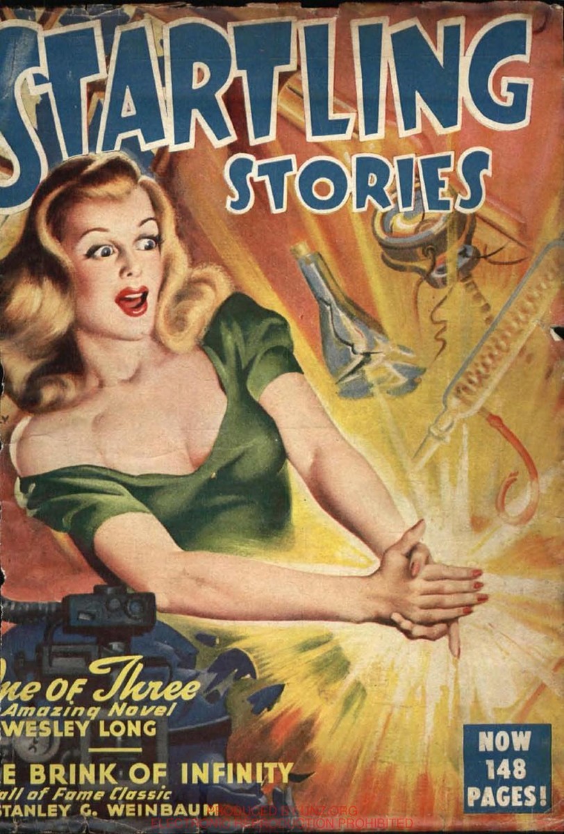 Startling Stories March 1948 — Woman Menaced by Robot Mechanical Arms