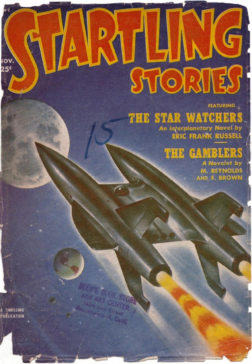 Startling Stories Nov 1951 — Twin-Rocket Spacecraft Blasting Past Earth and Moon