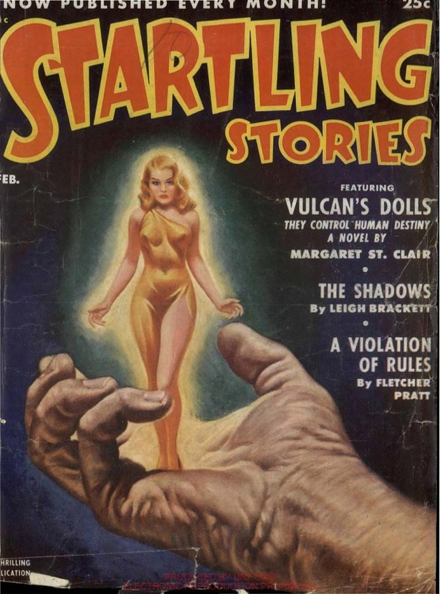 Startling Stories Feb 1952 — Vulcan's Dolls, Glowing Figure in Giant Hand