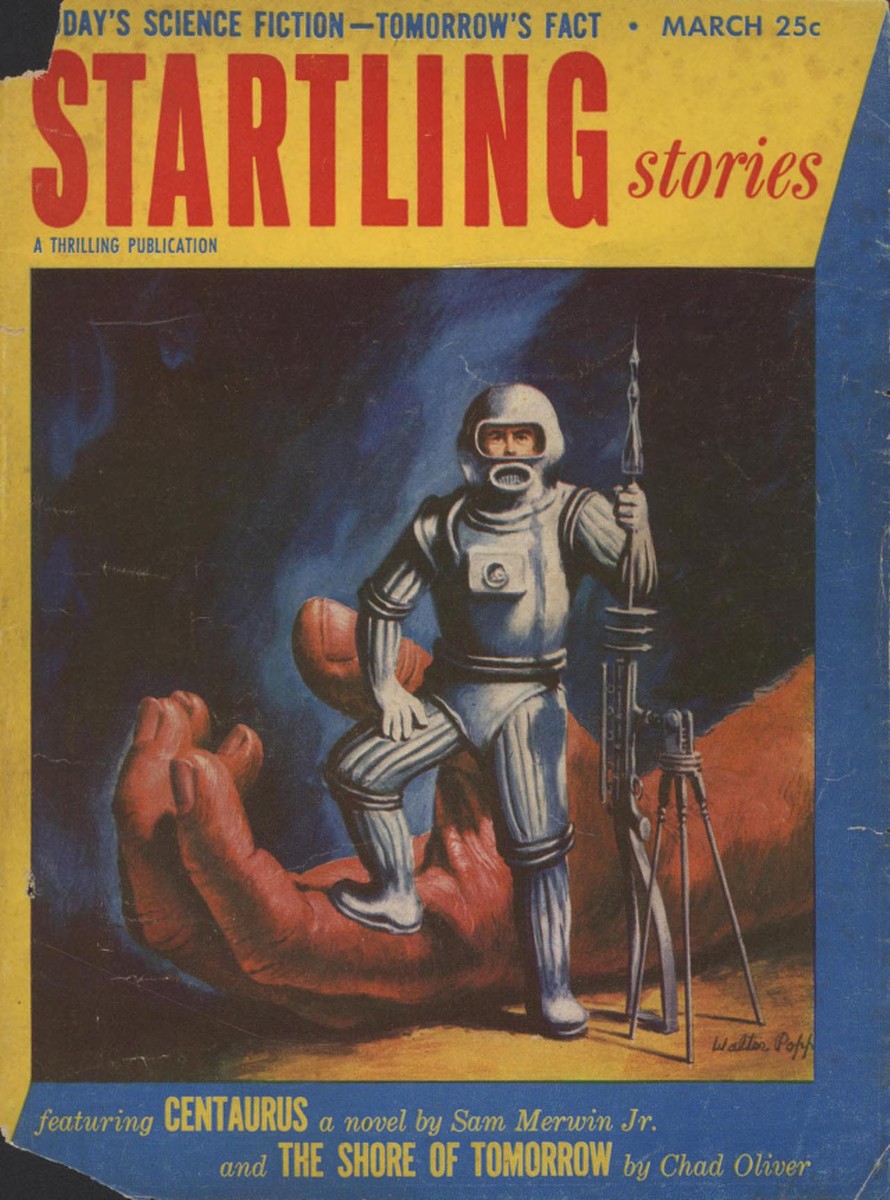 Triumphant Space Explorer Over Fallen Giant, Startling Stories March 1953