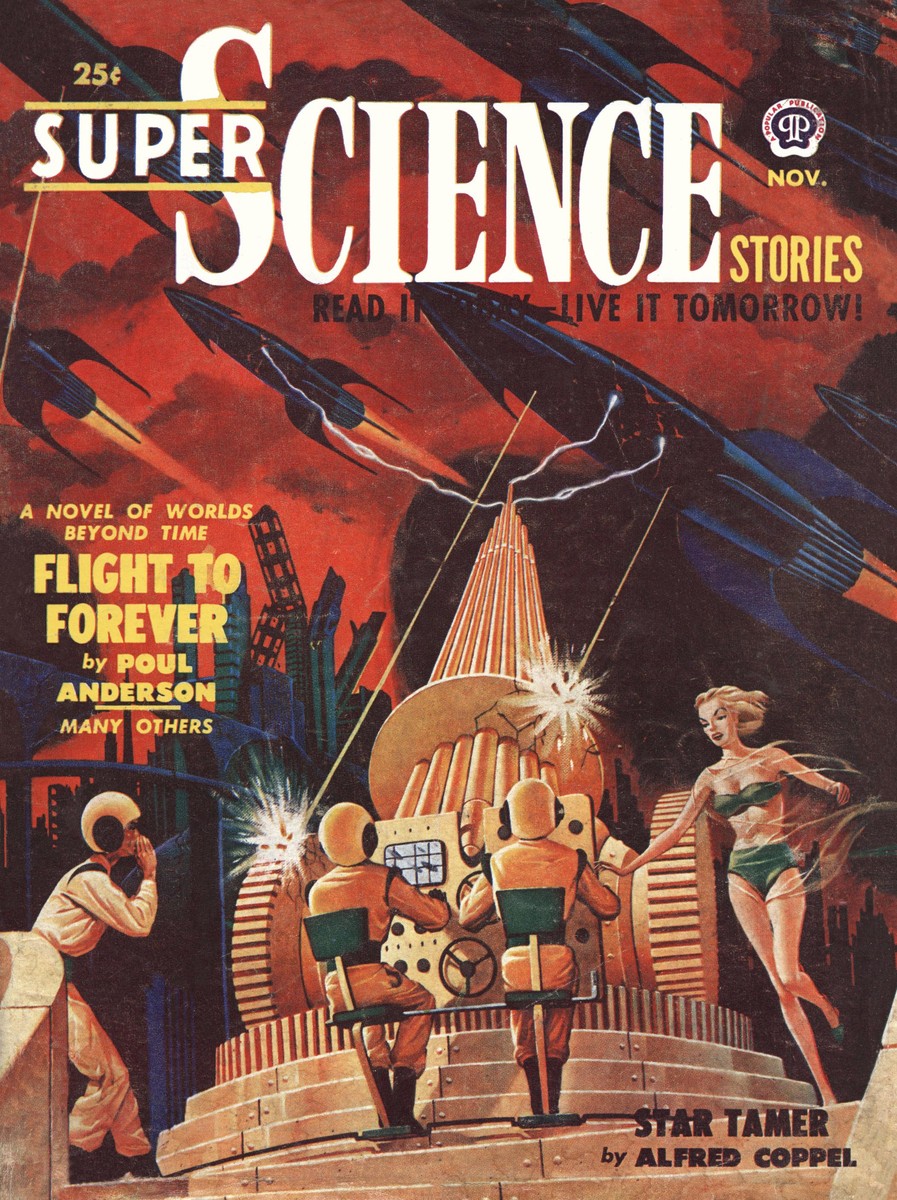 Super Science Stories Nov 1950 – Energy Beam Tower Under Missile Attack