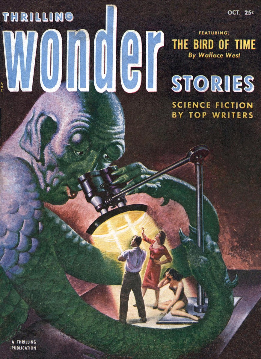 Giant Alien Examines Captive Humans, Thrilling Wonder Stories Oct 1952