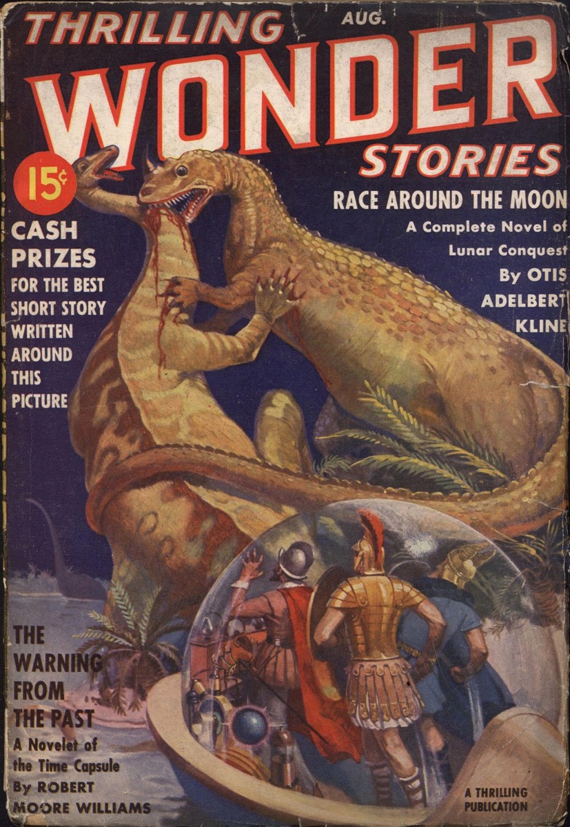 Thrilling Wonder Stories Aug 1939 — Dinosaur vs. Time Capsule Romans